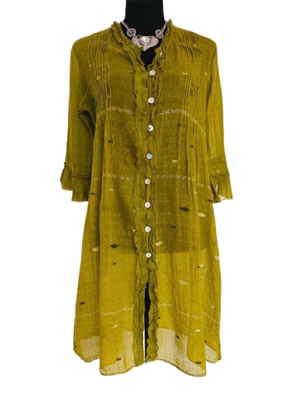 TIRAMISU Sheer Olive Green Blouse 3/4 Ruffled Sleeves Iridescent Buttons Elegant